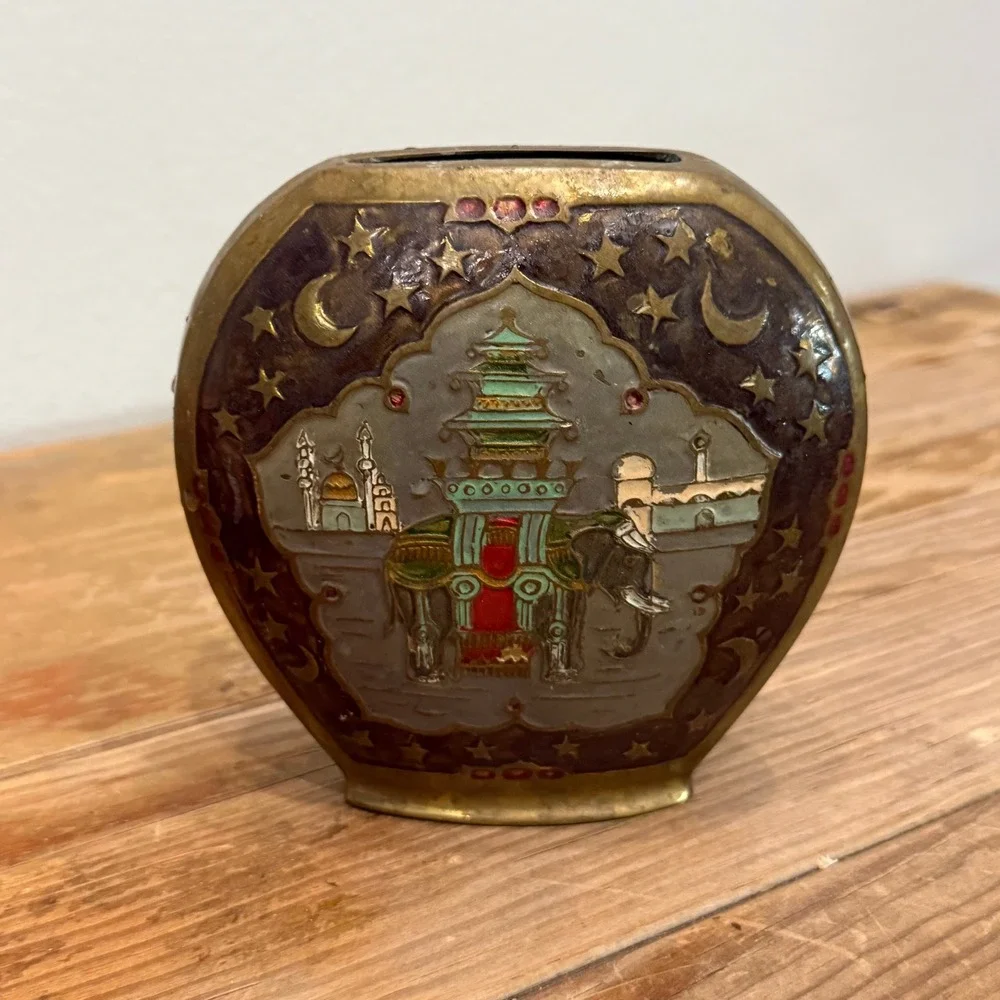 Vintage Brass Enameled Elephant Pagoda Bud Vase Canteen Style Middle East India